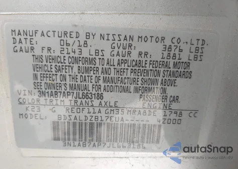 2018 Nissan Sentra Sv z USA, uszkodzony, nr VIN 3N1AB7AP7JL663186